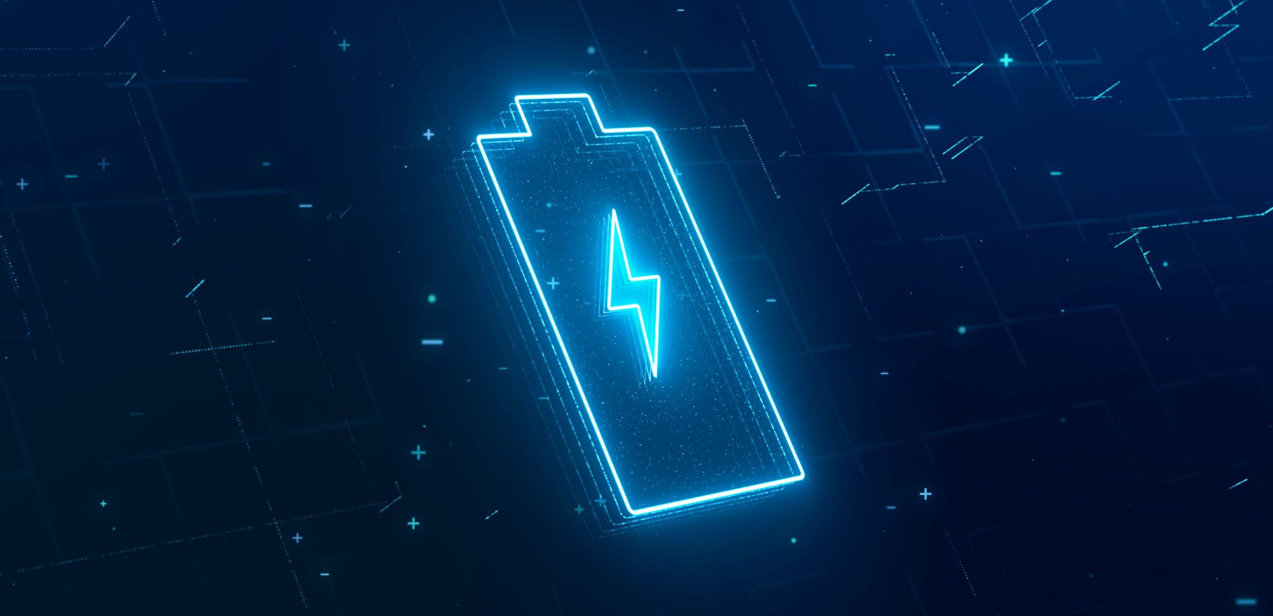 Digital lithium-ion rechargeable battery symbol high voltage charging energy storage with glowing blue neon lightning particle icon 3d rendering futuristic alternative energy technology concept